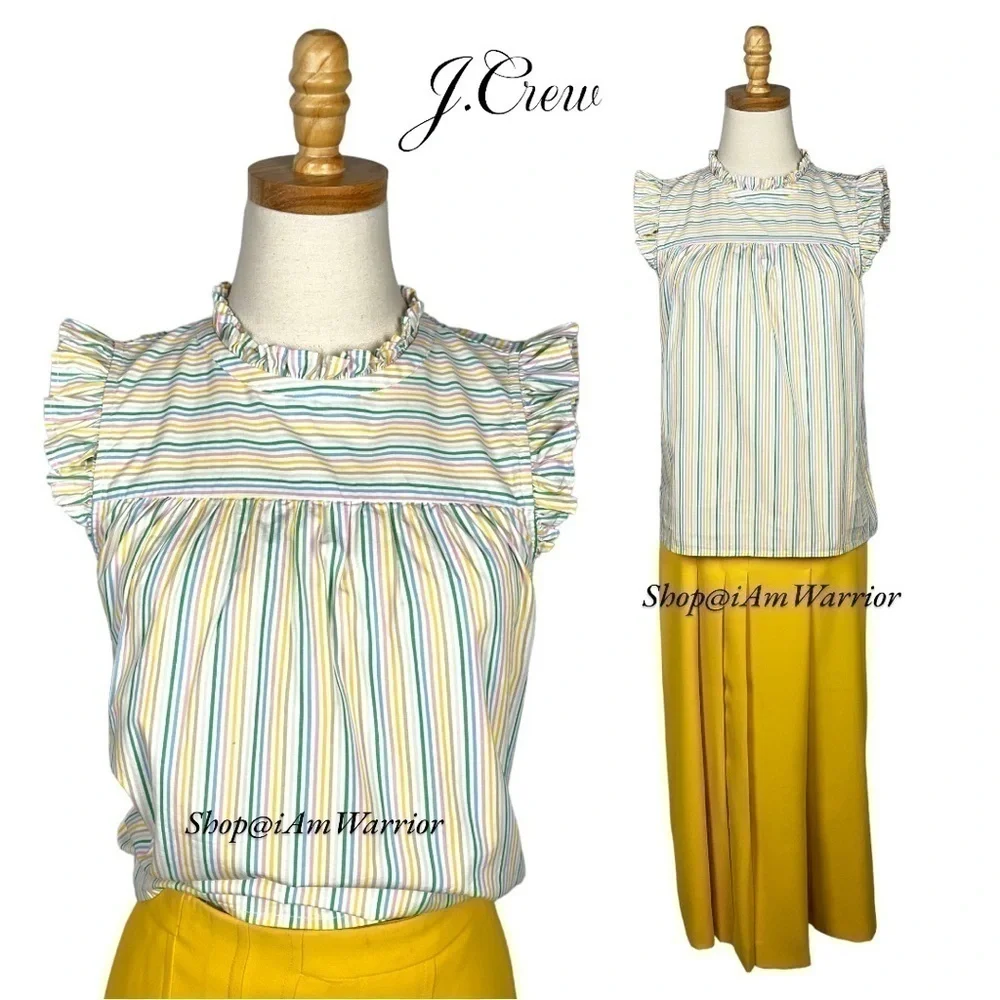 J.Crew (factory) rainbow pinstripe ruffle trim sleeveless poplin top *iamwarrior